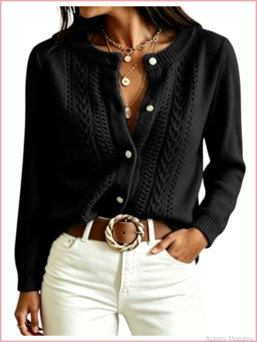 Women's Knit Button Down Cardigan Long Sleeve Crew Neck Cropped Sweater